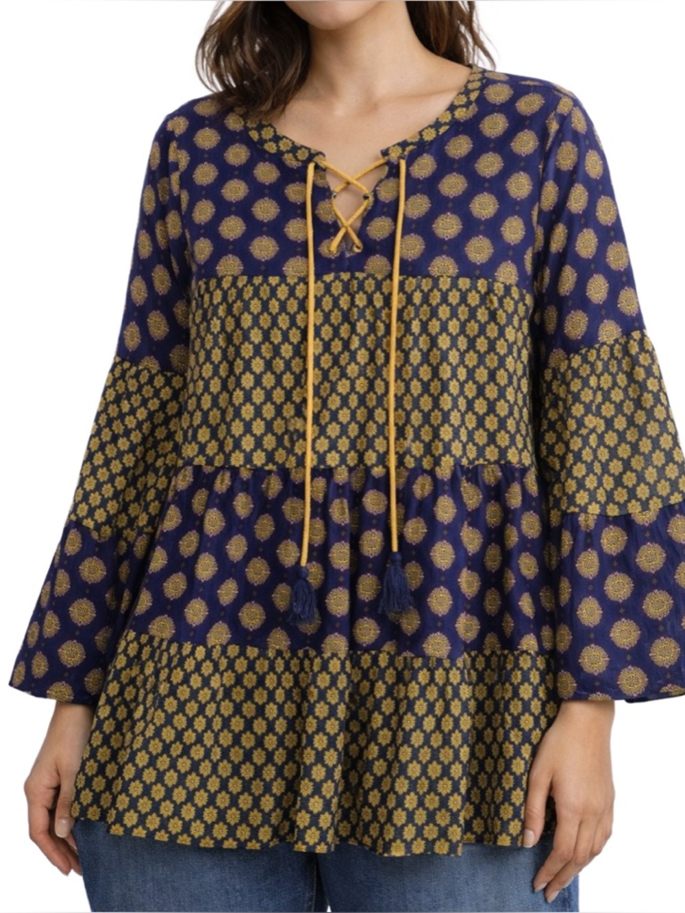 Earthbound Trading Co. Mixed Print Boho Tiered Cotton Navy Peasant Tunic, size M